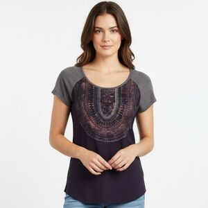 Maurices Womens Small Bohemian Mixed Media Tribal IKat Print Raglan Short Sleeve